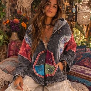 Multicolor Patchwork Rustic Zip-Up Hoodie | Boho Hippie Cottagecore Embroidered